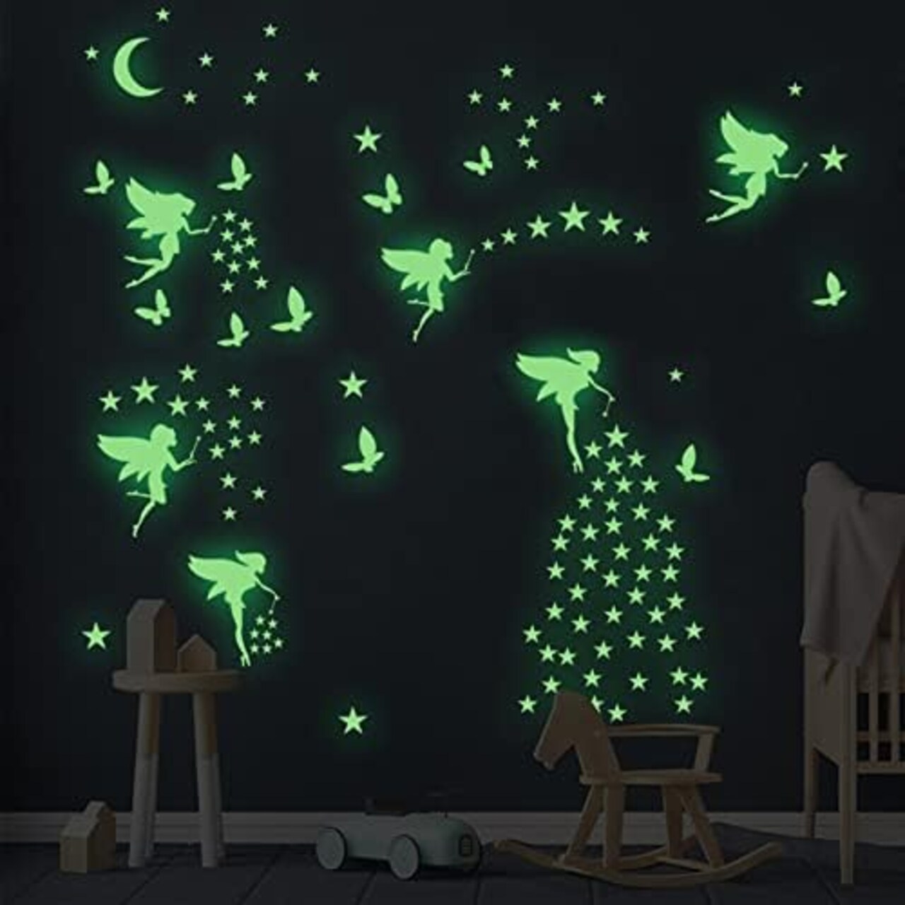 Glow-in-the-Dark Fairy Wall Decals – Luminous Fairies, Butterflies & Stars for Girls’ Bedroom Ceiling Decor